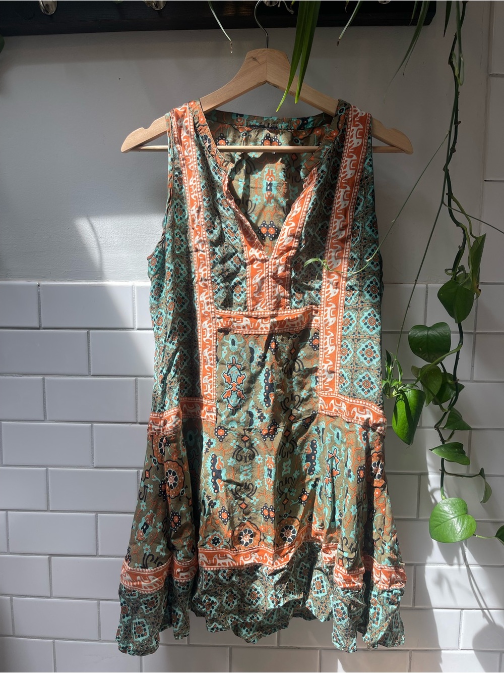 Boho Sleeveless Print Dress in Teal and Rust